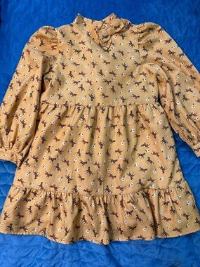 Janie and Jack Horse Print Dress Mustard Yellow Ruffle Bow Fall Girls 7